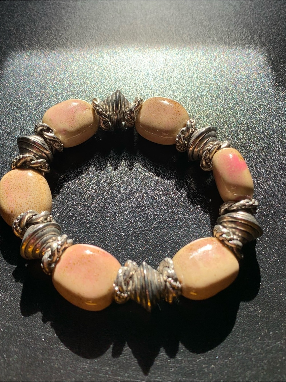 Mottled Beaded Pink Cream Stretch Bracelet with Silver Accents
